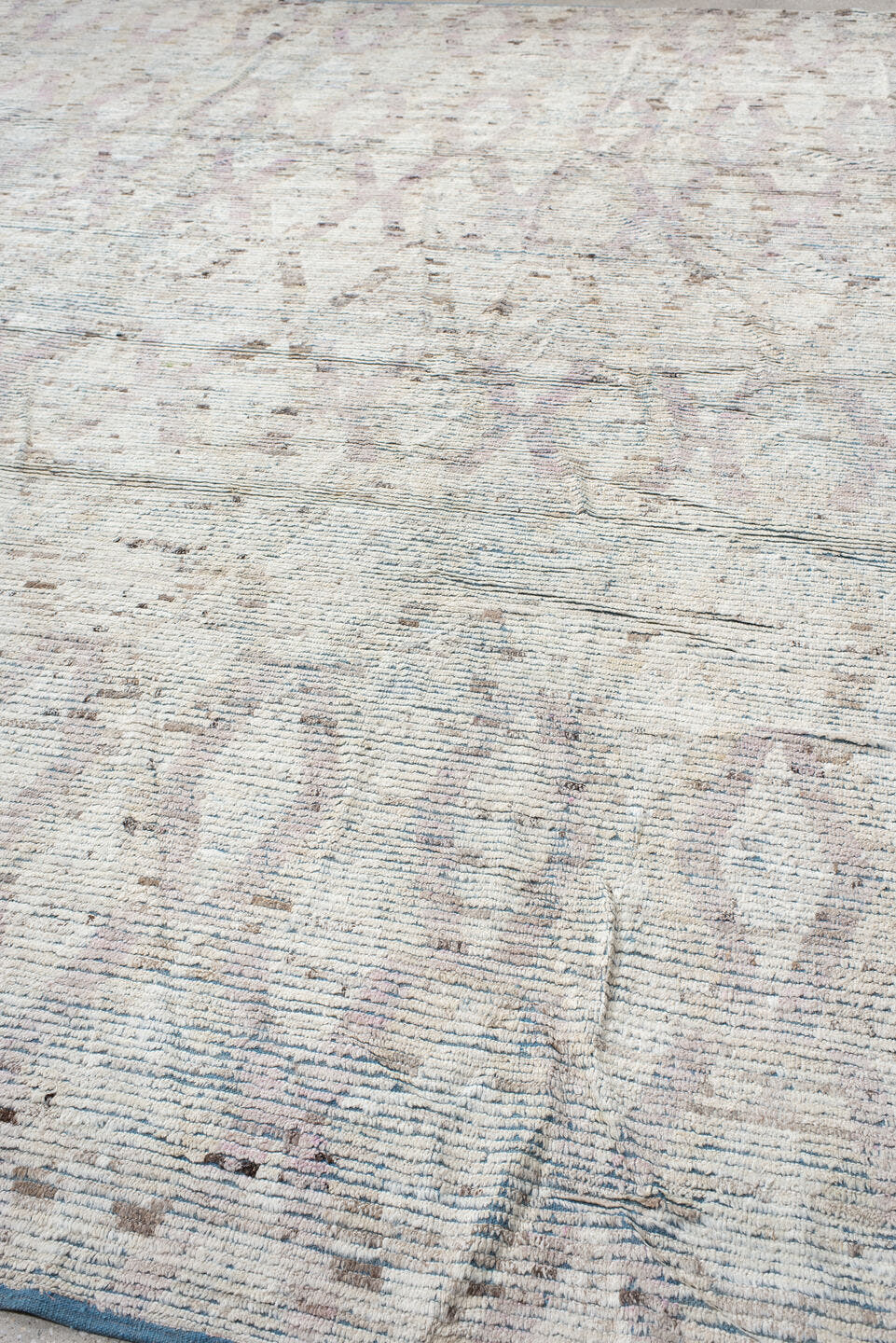 14' x 15' one-of-a-kind handmade vintage Tulu oversize rug. Color palette: ivory, pale blue, blush, taupe, beige, brown