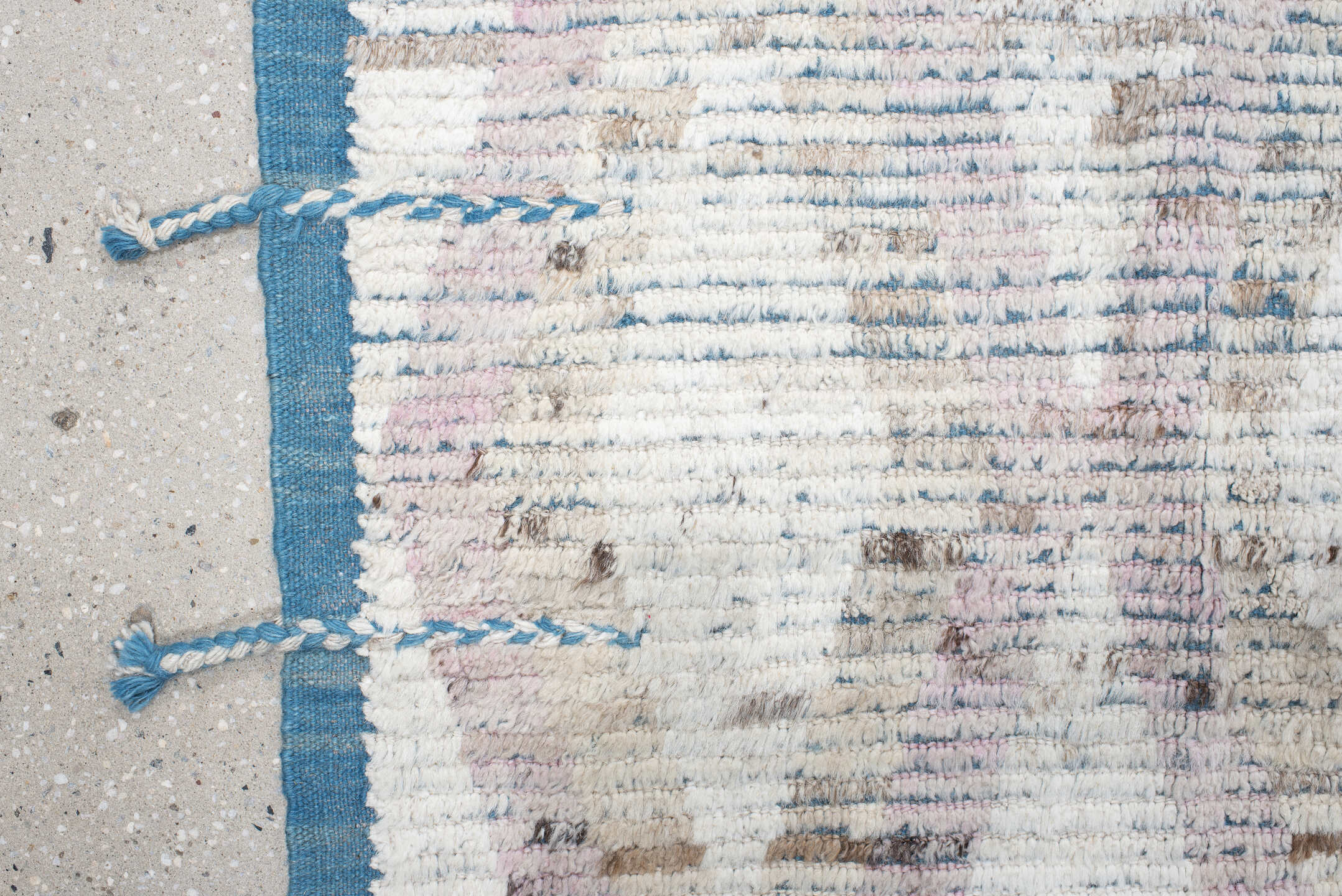 14' x 15' one-of-a-kind handmade vintage Tulu oversize rug. Color palette: ivory, pale blue, blush, taupe, beige, brown