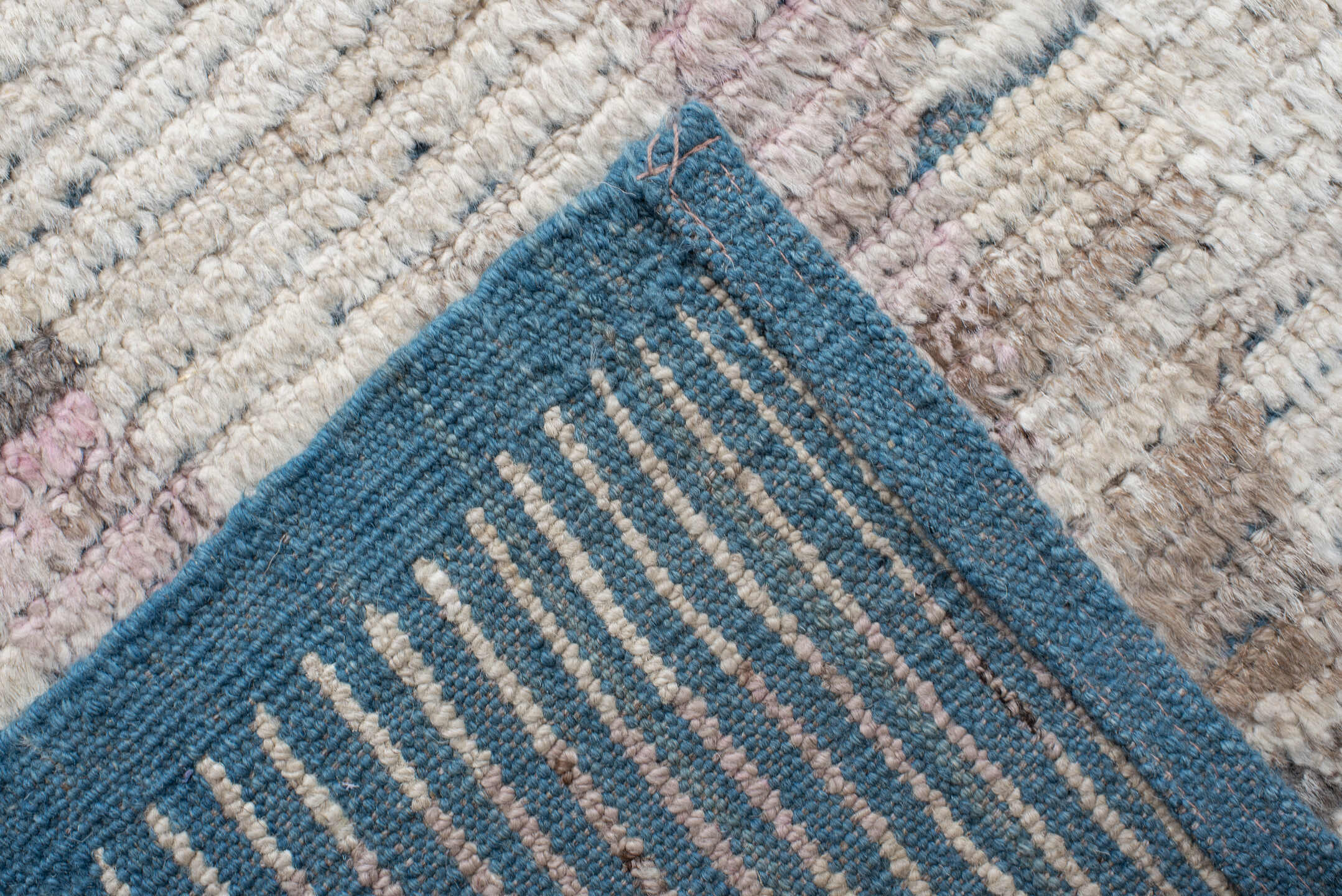 14' x 15' one-of-a-kind handmade vintage Tulu oversize rug. Color palette: ivory, pale blue, blush, taupe, beige, brown