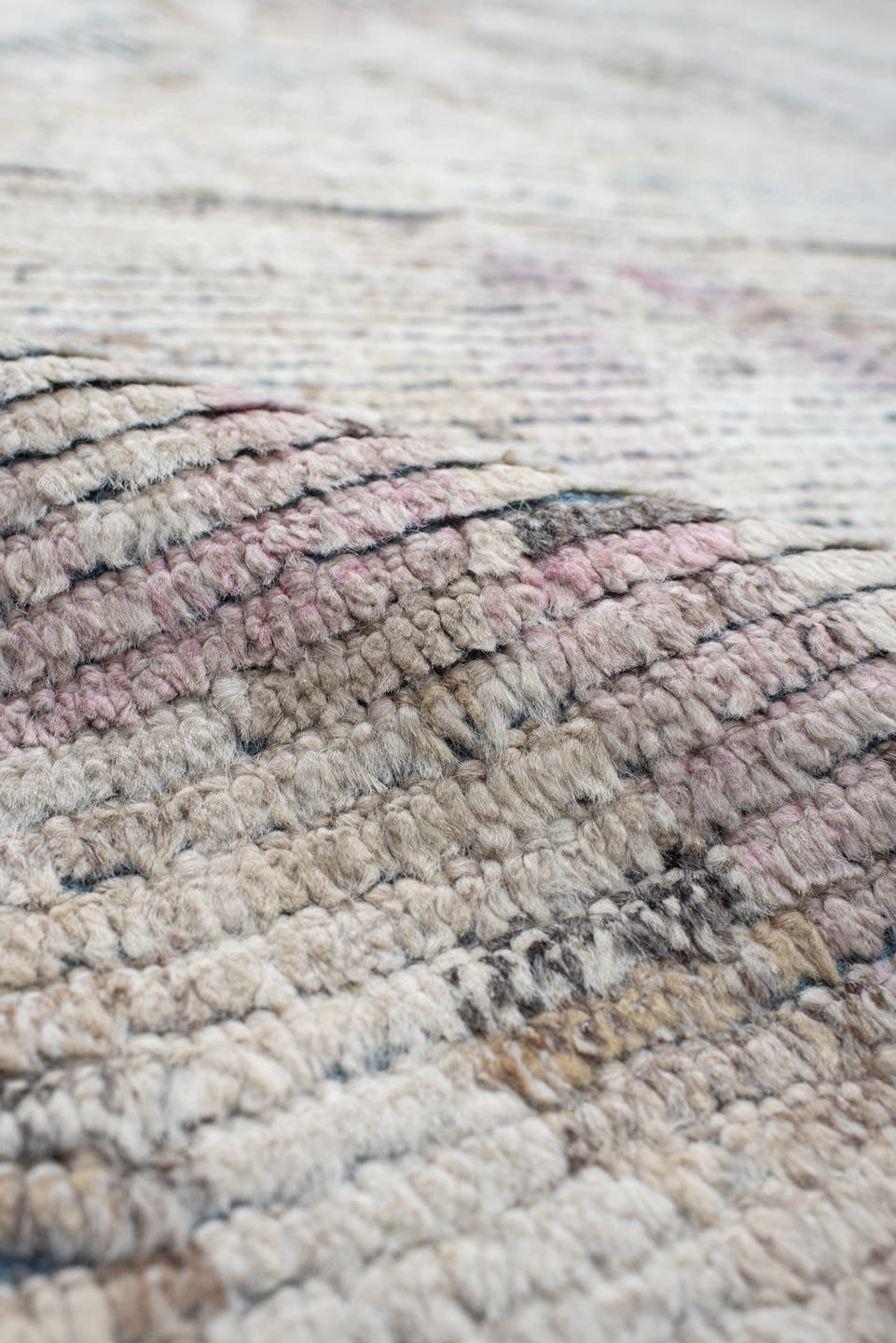14' x 15' one-of-a-kind handmade vintage Tulu oversize rug. Color palette: ivory, pale blue, blush, taupe, beige, brown