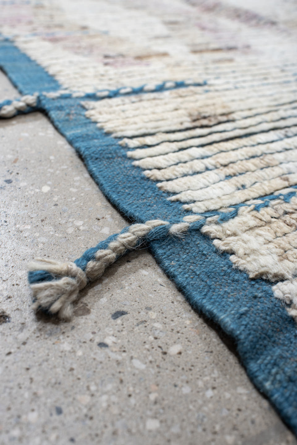 14' x 15' one-of-a-kind handmade vintage Tulu oversize rug. Color palette: ivory, pale blue, blush, taupe, beige, brown