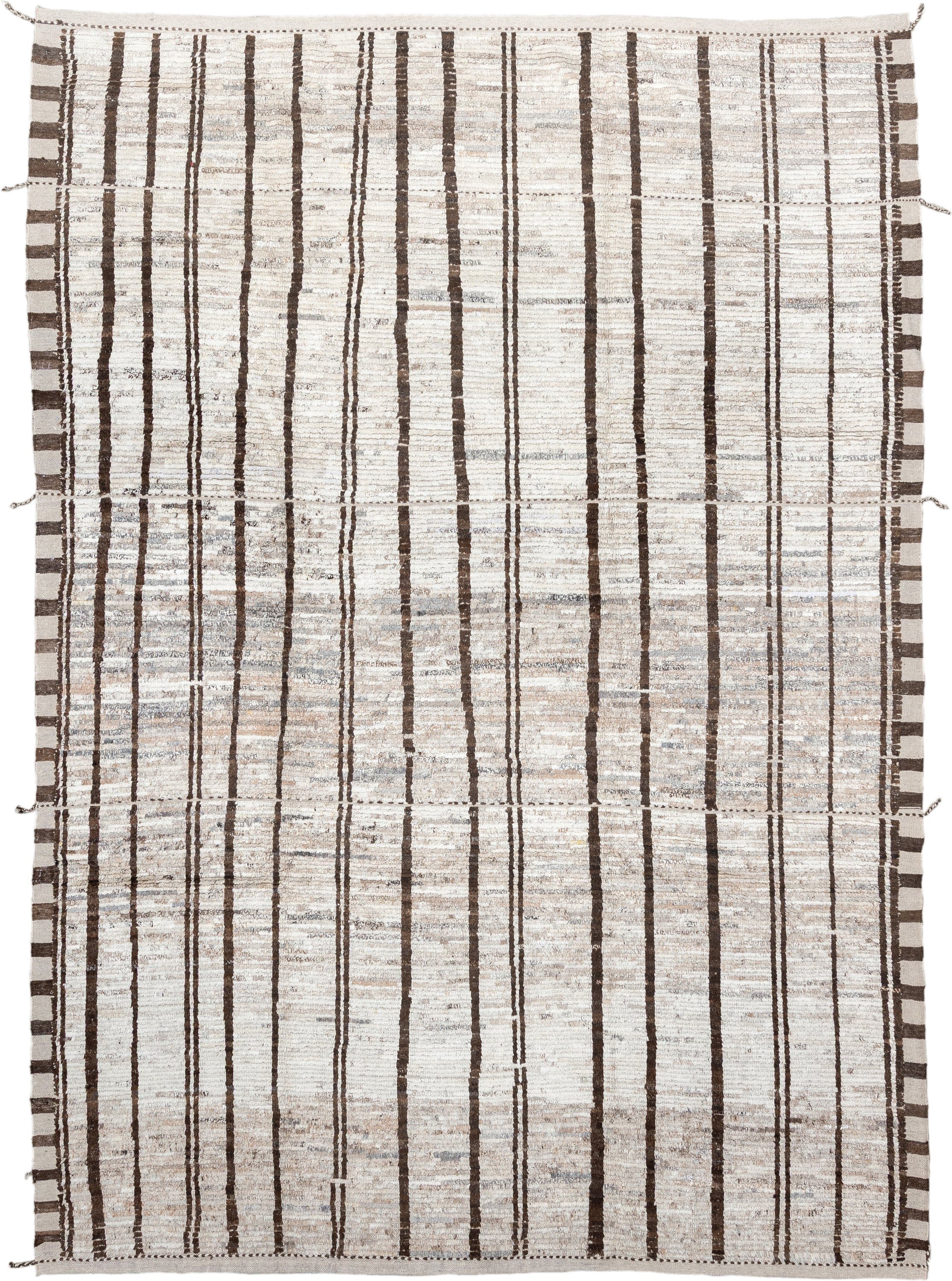 8' x 12' one-of-a-kind handmade vintage Tulu large size rug. Color palette: ivory, brown, taupe, gray, beige