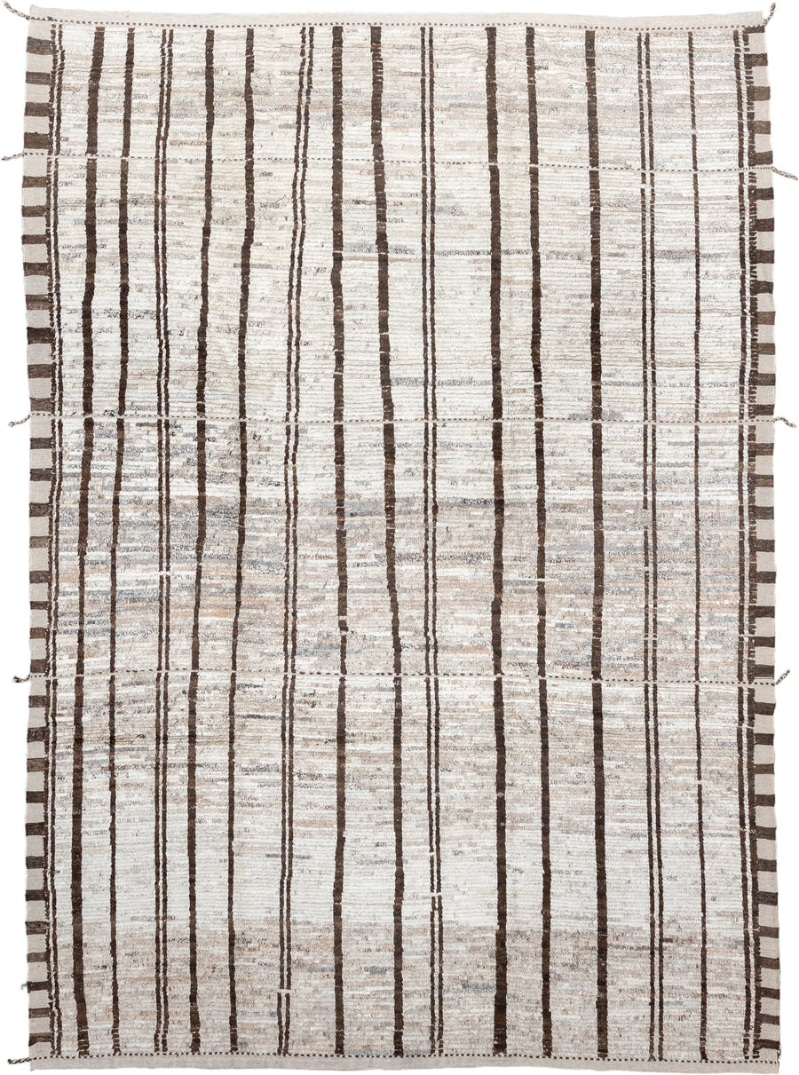 8' x 12' one-of-a-kind handmade vintage Tulu large size rug. Color palette: ivory, brown, taupe, gray, beige