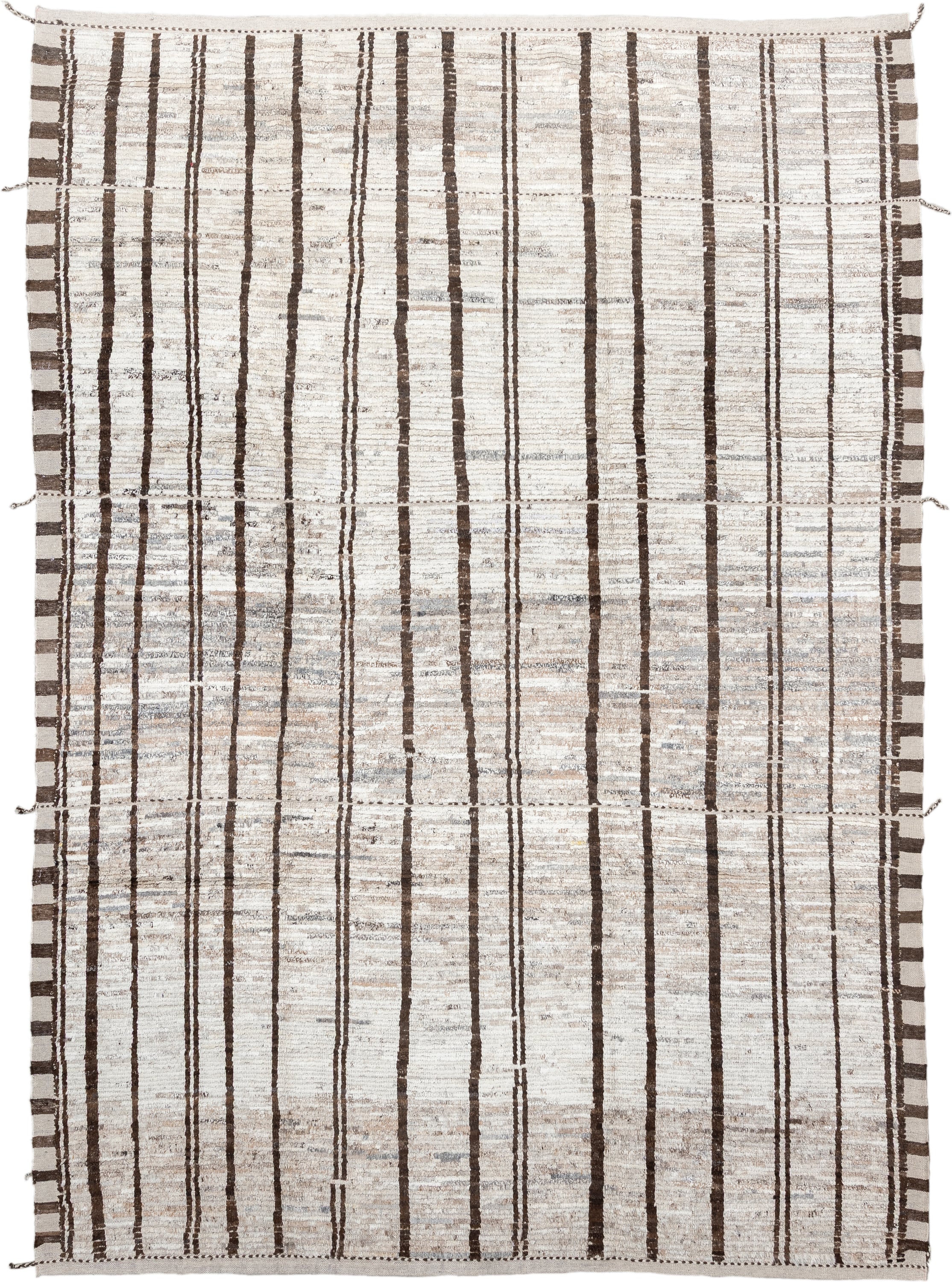 8' x 12' one-of-a-kind handmade vintage Tulu large size rug. Color palette: ivory, brown, taupe, gray, beige