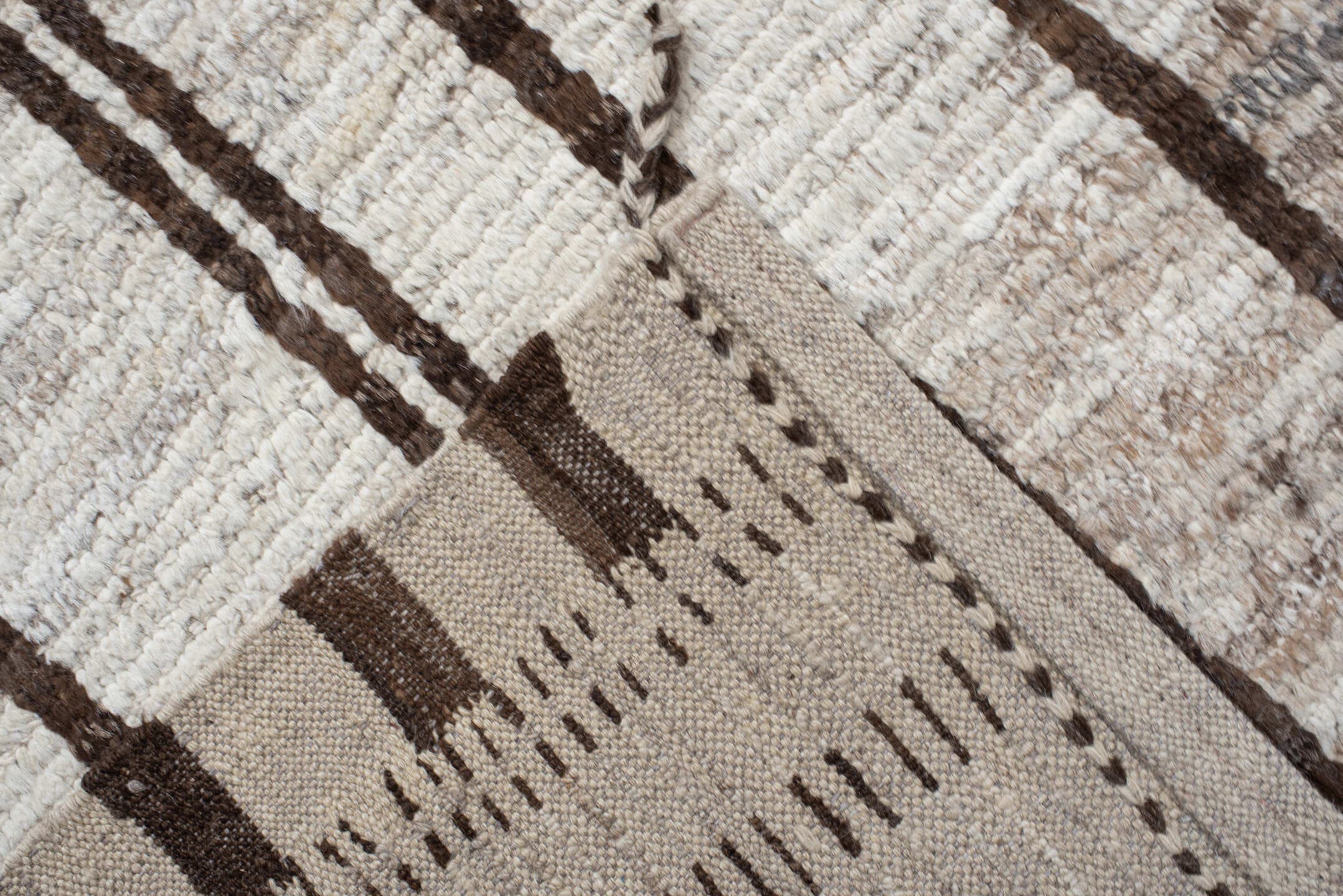 8' x 12' one-of-a-kind handmade vintage Tulu large size rug. Color palette: ivory, brown, taupe, gray, beige