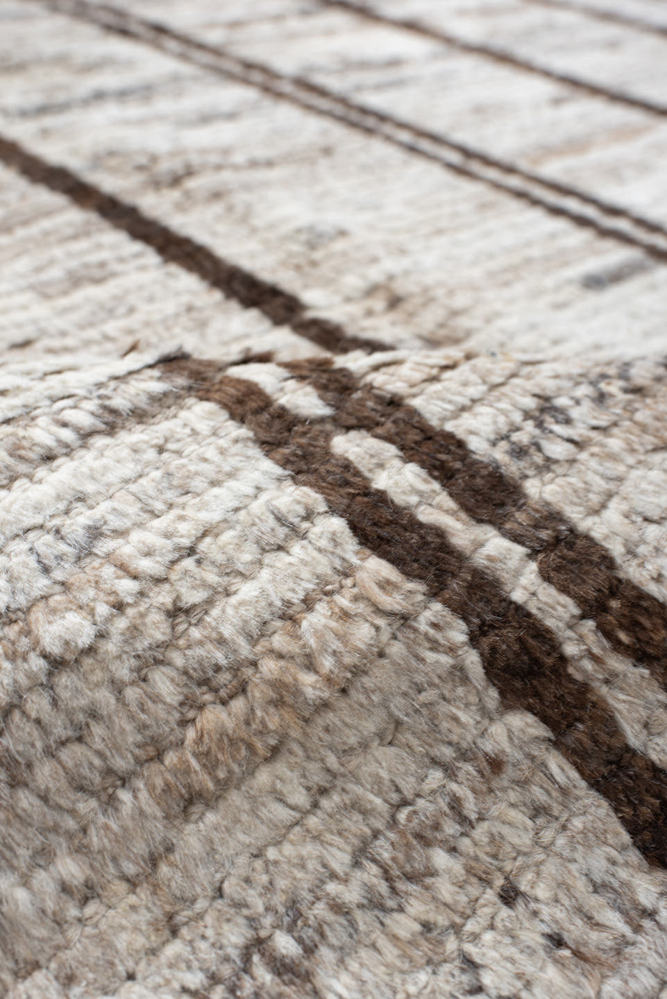 8' x 12' one-of-a-kind handmade vintage Tulu large size rug. Color palette: ivory, brown, taupe, gray, beige