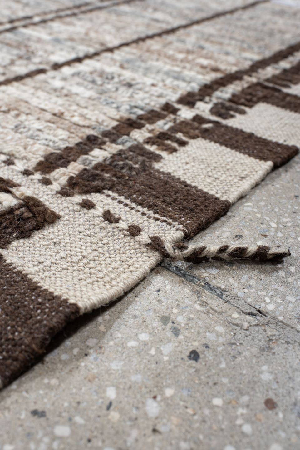 8' x 12' one-of-a-kind handmade vintage Tulu large size rug. Color palette: ivory, brown, taupe, gray, beige