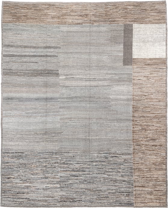 12' x 15' one-of-a-kind handmade vintage Tulu oversize rug. Color palette: gray, taupe, camel, ivory, greige, charcoal