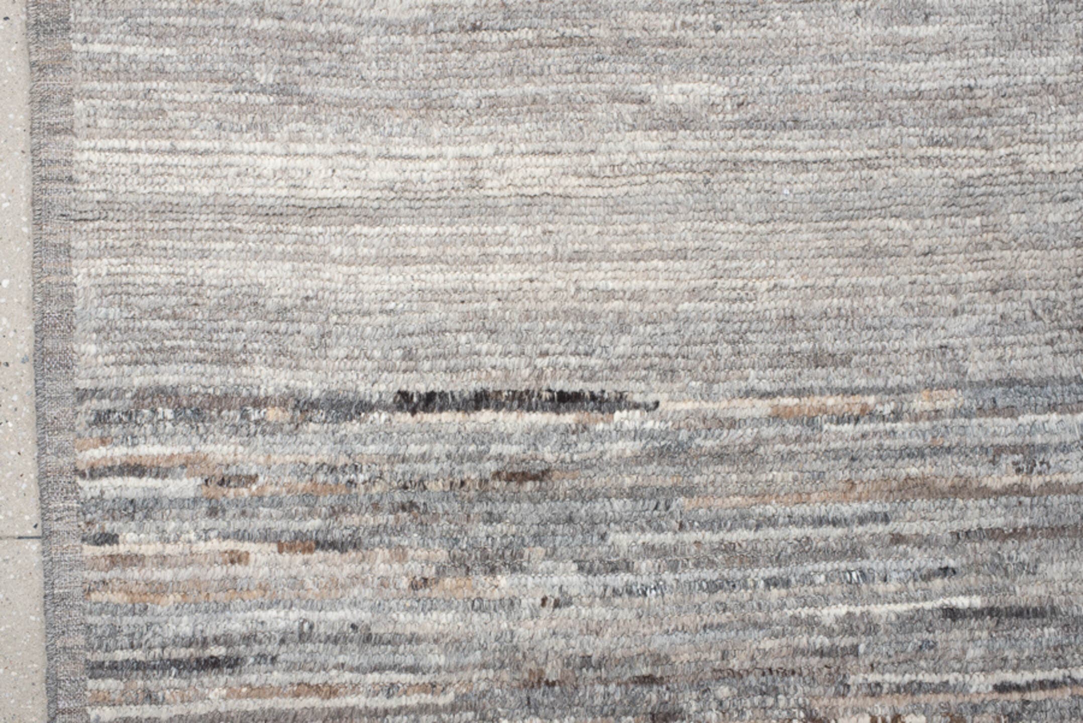 12' x 15' one-of-a-kind handmade vintage Tulu oversize rug. Color palette: gray, taupe, camel, ivory, greige, charcoal