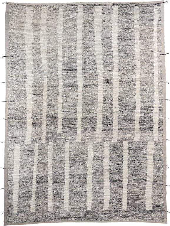 12' x 17' one-of-a-kind handmade vintage Tulu oversize rug. Color palette: gray, ivory, charcoal, taupe, black, beige