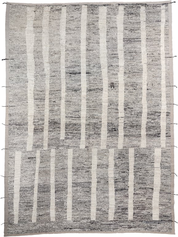 12' x 17' one-of-a-kind handmade vintage Tulu oversize rug. Color palette: gray, ivory, charcoal, taupe, black, beige