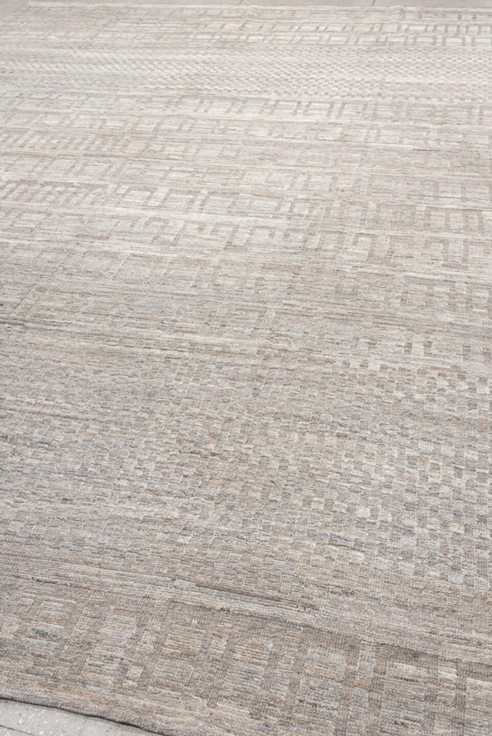 11' x 15' one-of-a-kind handmade vintage Tulu oversize rug. Color palette: ivory, taupe, gray, beige, cream