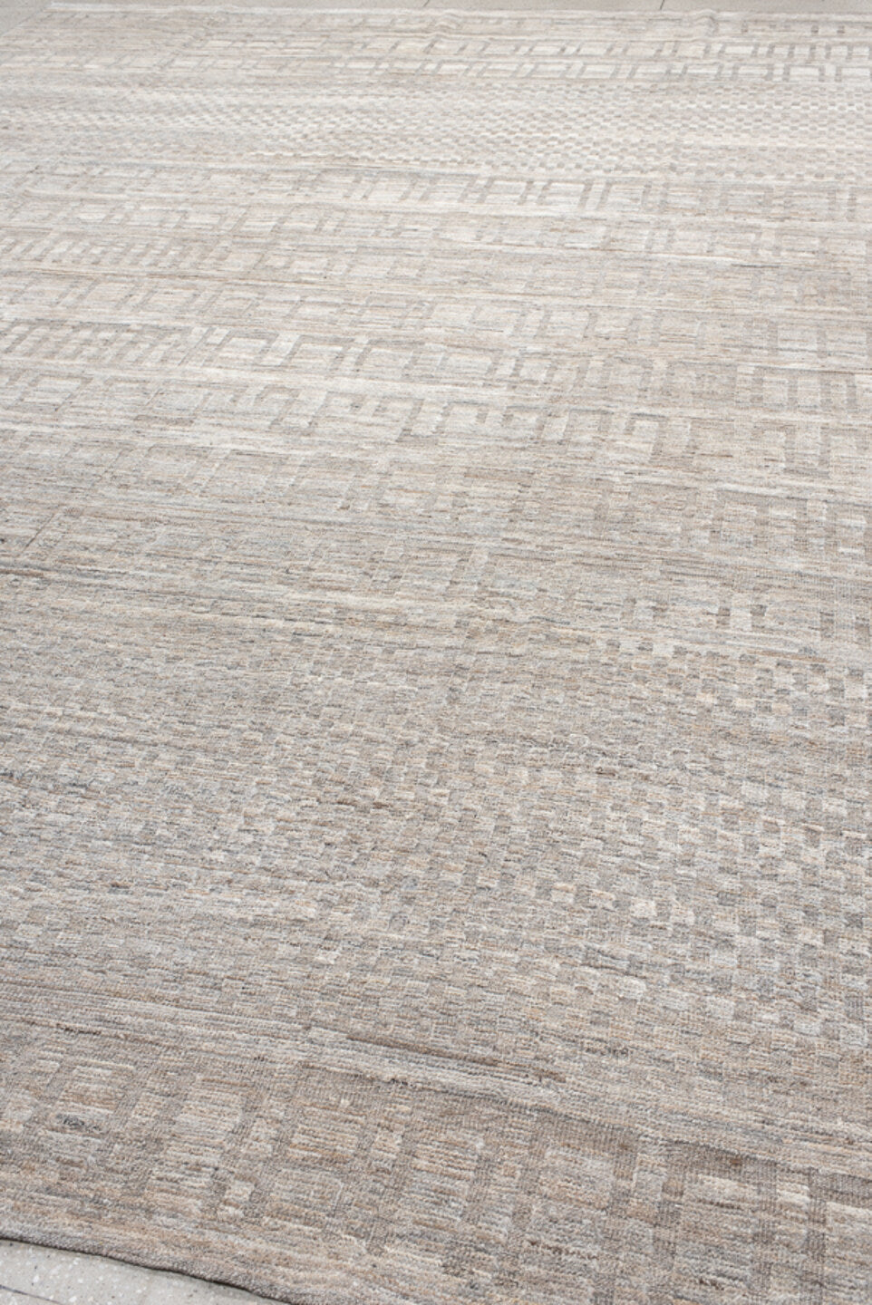 11' x 15' one-of-a-kind handmade vintage Tulu oversize rug. Color palette: ivory, taupe, gray, beige, cream