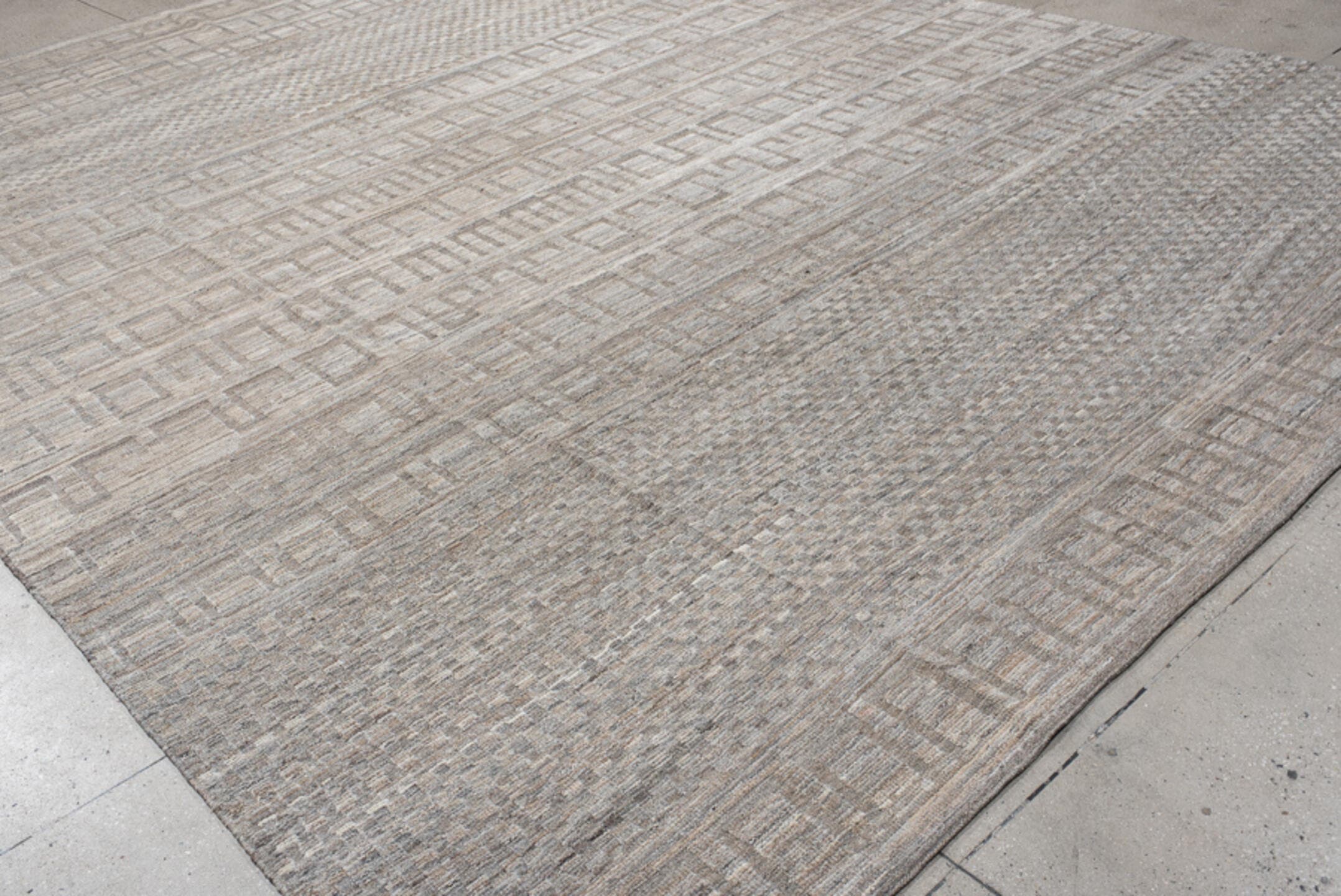 11' x 15' one-of-a-kind handmade vintage Tulu oversize rug. Color palette: ivory, taupe, gray, beige, cream