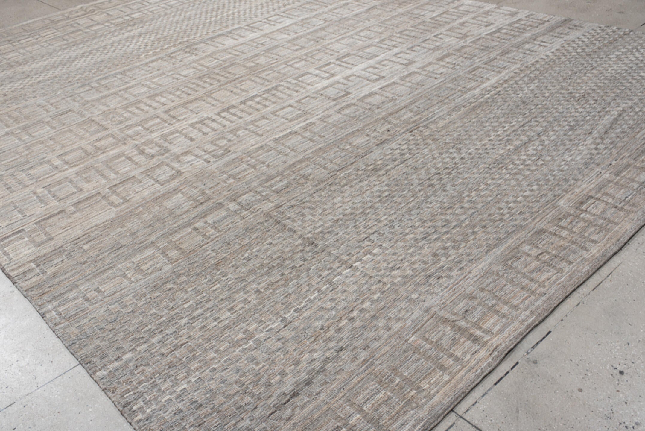 11' x 15' one-of-a-kind handmade vintage Tulu oversize rug. Color palette: ivory, taupe, gray, beige, cream