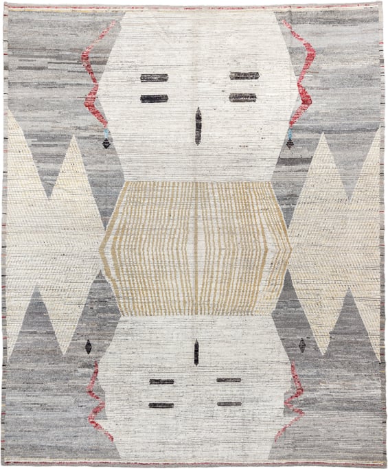 11' x 14' one-of-a-kind handmade vintage Tulu oversize rug. Color palette: ivory, gray, cream, gold, charcoal, rose, taupe