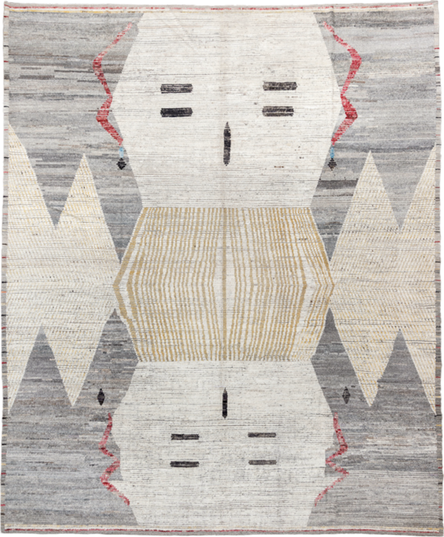 11' x 14' one-of-a-kind handmade vintage Tulu oversize rug. Color palette: ivory, gray, cream, gold, charcoal, rose, taupe
