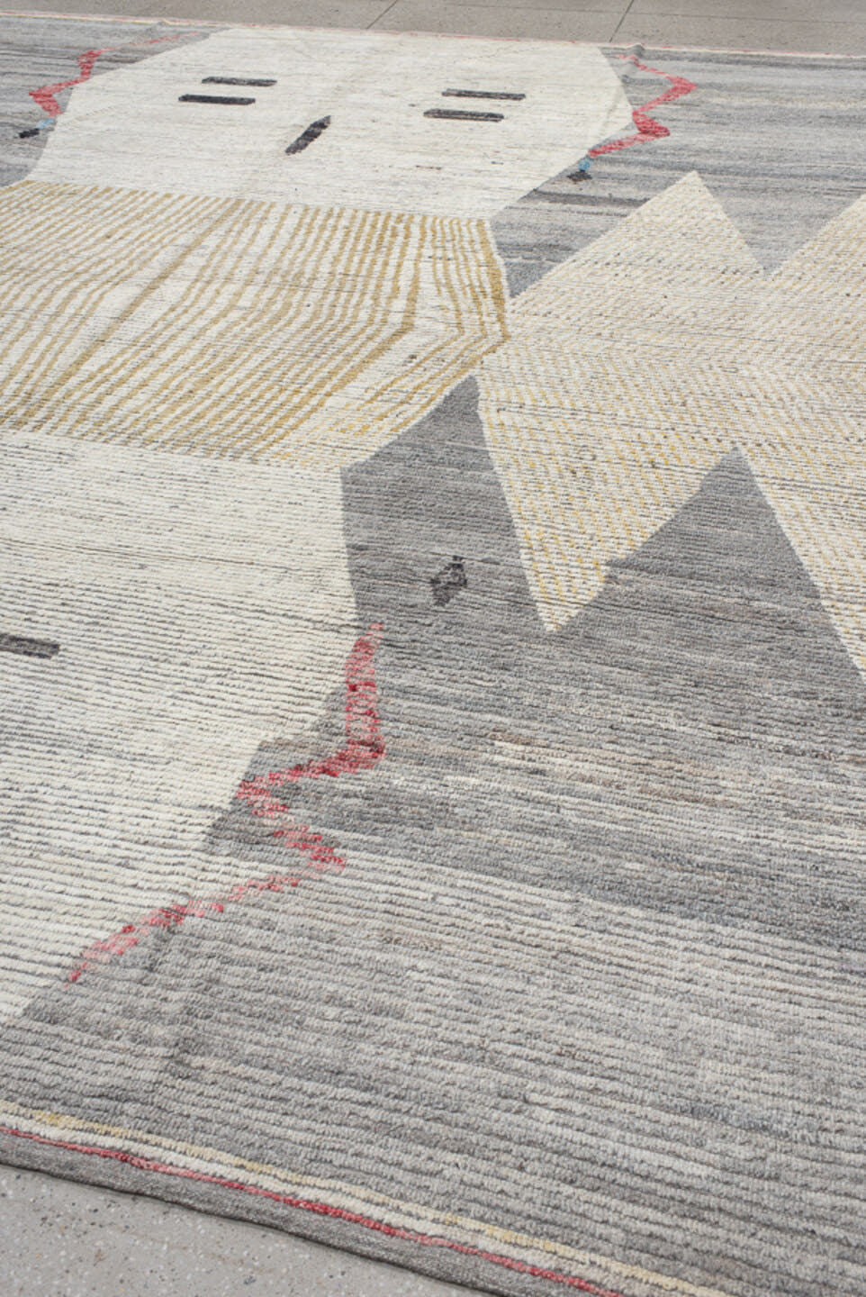 11' x 14' one-of-a-kind handmade vintage Tulu oversize rug. Color palette: ivory, gray, cream, gold, charcoal, rose, taupe