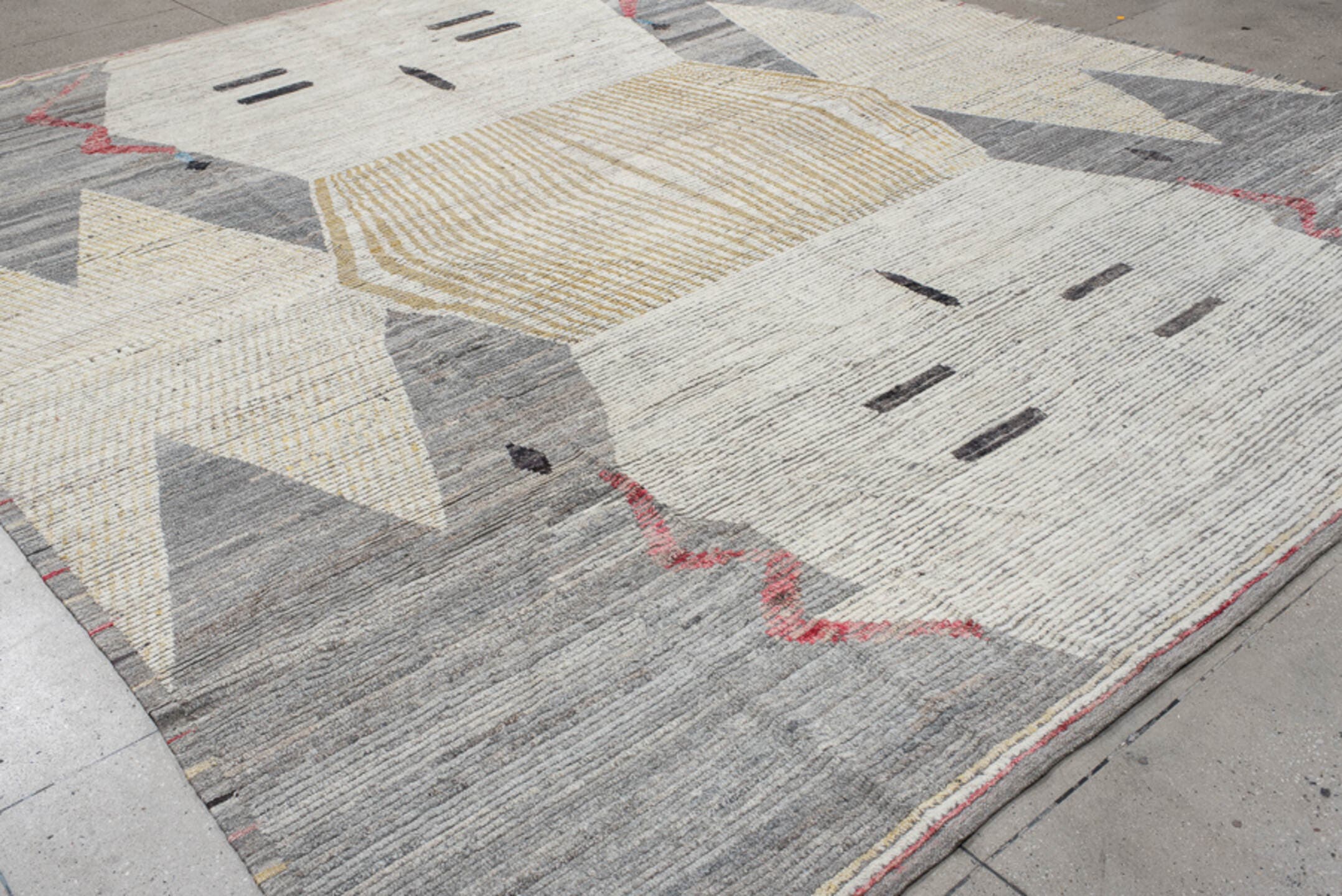11' x 14' one-of-a-kind handmade vintage Tulu oversize rug. Color palette: ivory, gray, cream, gold, charcoal, rose, taupe