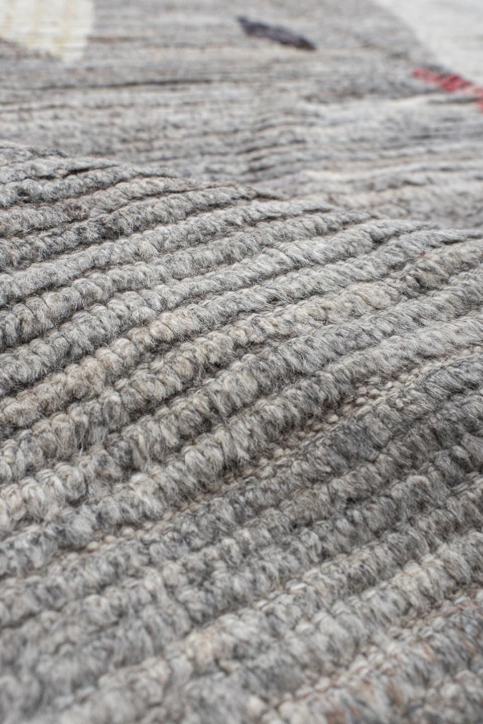 11' x 14' one-of-a-kind handmade vintage Tulu oversize rug. Color palette: ivory, gray, cream, gold, charcoal, rose, taupe
