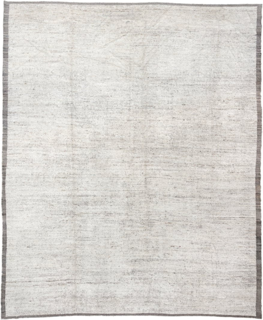 14' x 12' one-of-a-kind handmade vintage Tulu oversize rug. Color palette: ivory, taupe, gray, greige, beige