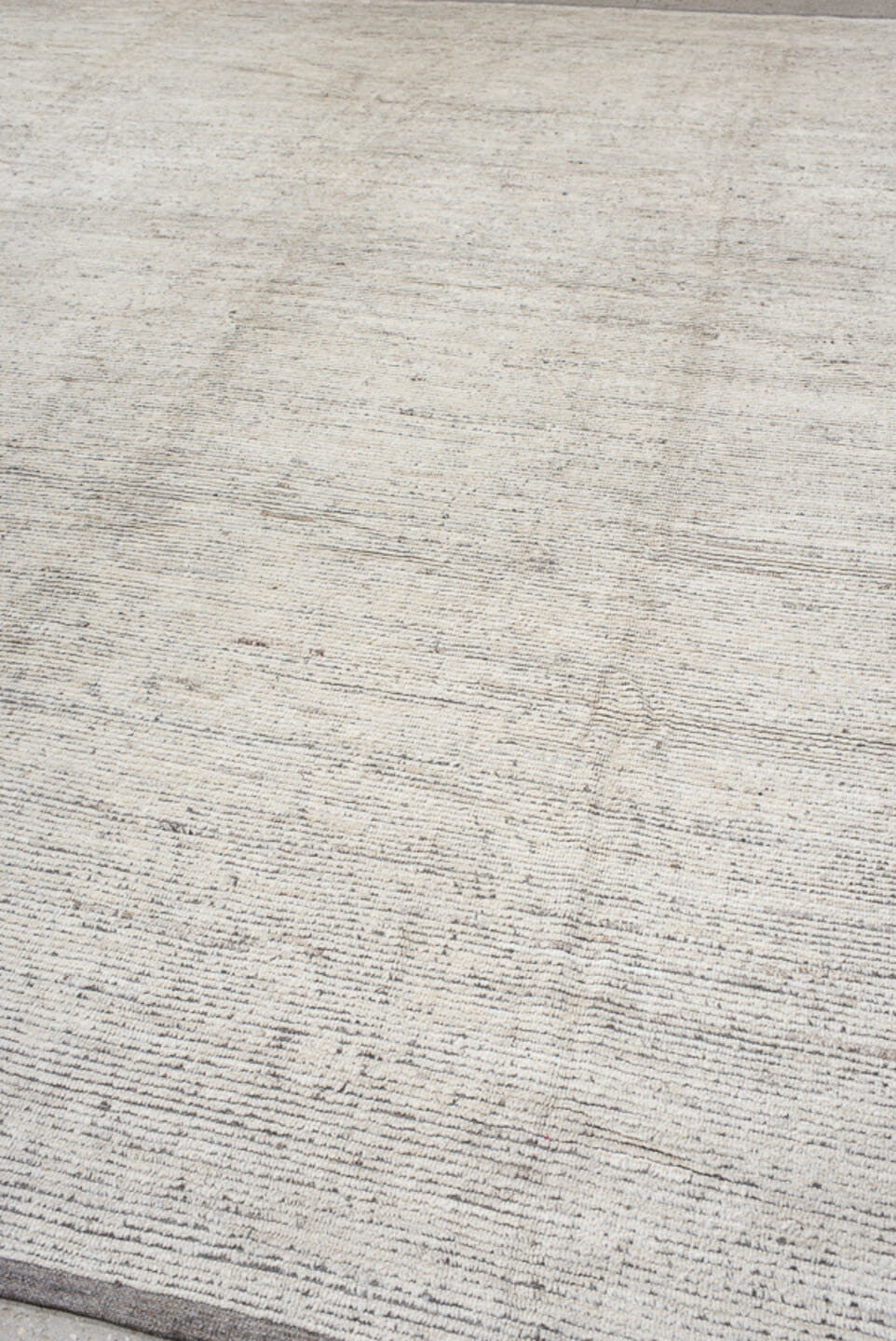 14' x 12' one-of-a-kind handmade vintage Tulu oversize rug. Color palette: ivory, taupe, gray, greige, beige