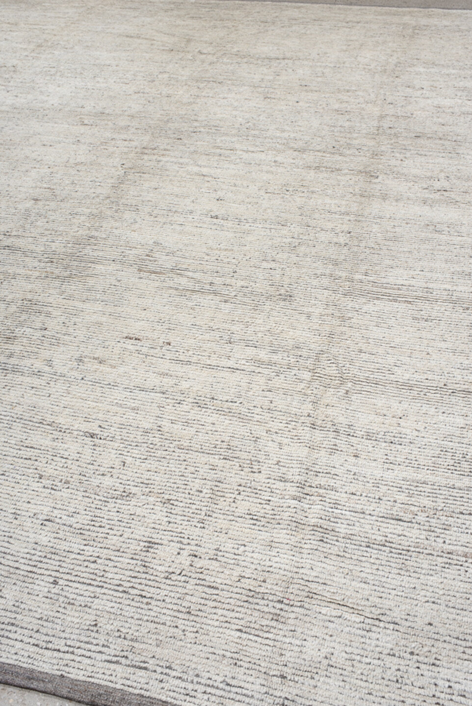 14' x 12' one-of-a-kind handmade vintage Tulu oversize rug. Color palette: ivory, taupe, gray, greige, beige