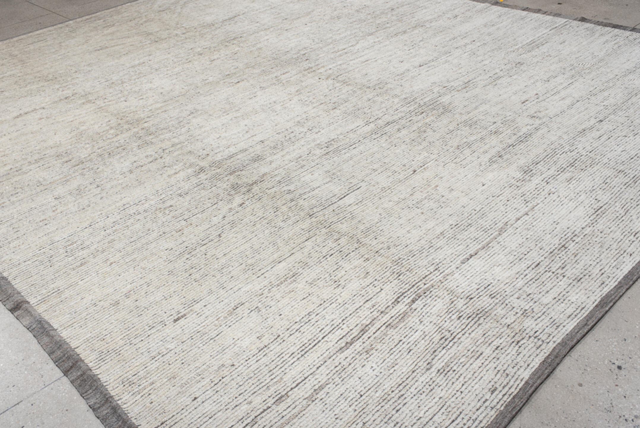 14' x 12' one-of-a-kind handmade vintage Tulu oversize rug. Color palette: ivory, taupe, gray, greige, beige