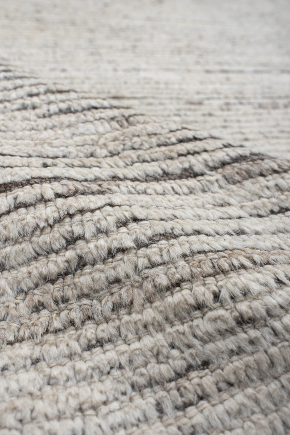 14' x 12' one-of-a-kind handmade vintage Tulu oversize rug. Color palette: ivory, taupe, gray, greige, beige