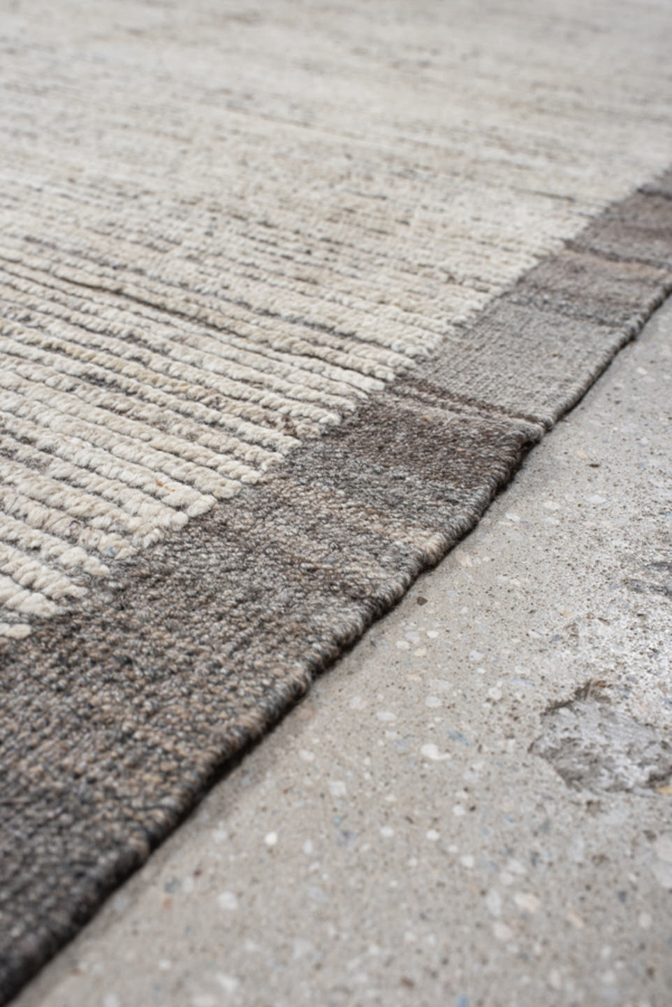 14' x 12' one-of-a-kind handmade vintage Tulu oversize rug. Color palette: ivory, taupe, gray, greige, beige