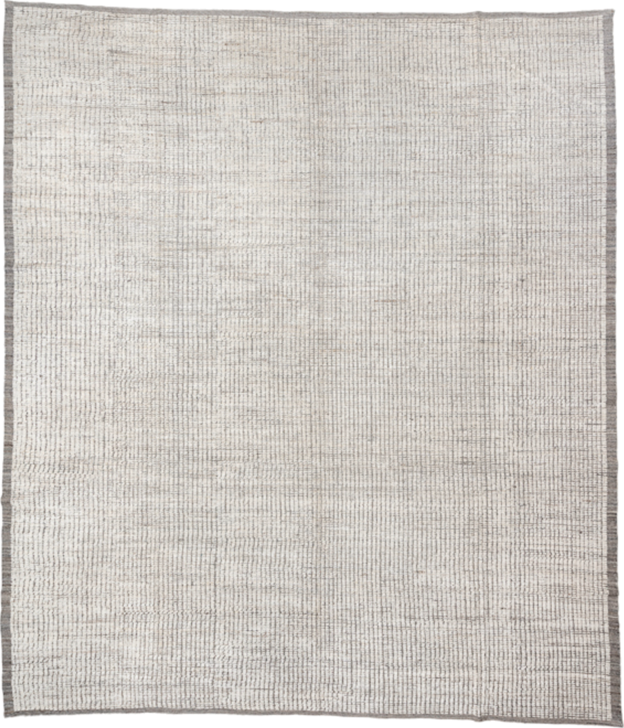 12' x 14' one-of-a-kind handmade vintage Tulu oversize rug. Color palette: ivory, taupe, gray, cream, beige
