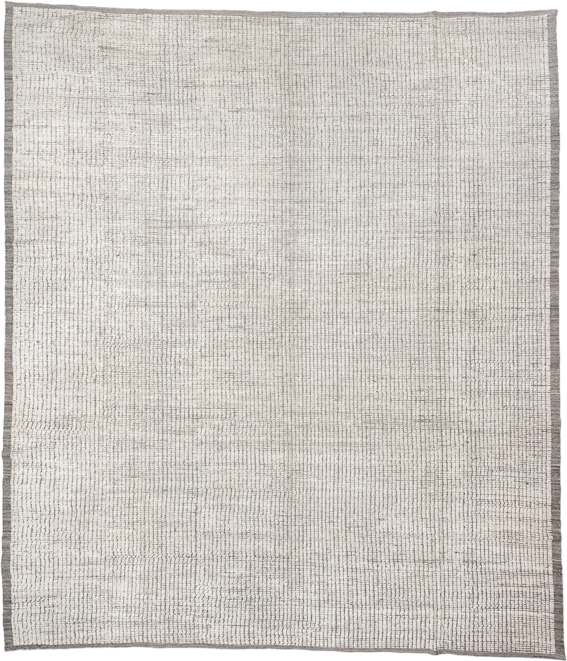 12' x 14' one-of-a-kind handmade vintage Tulu oversize rug. Color palette: ivory, taupe, gray, cream, beige