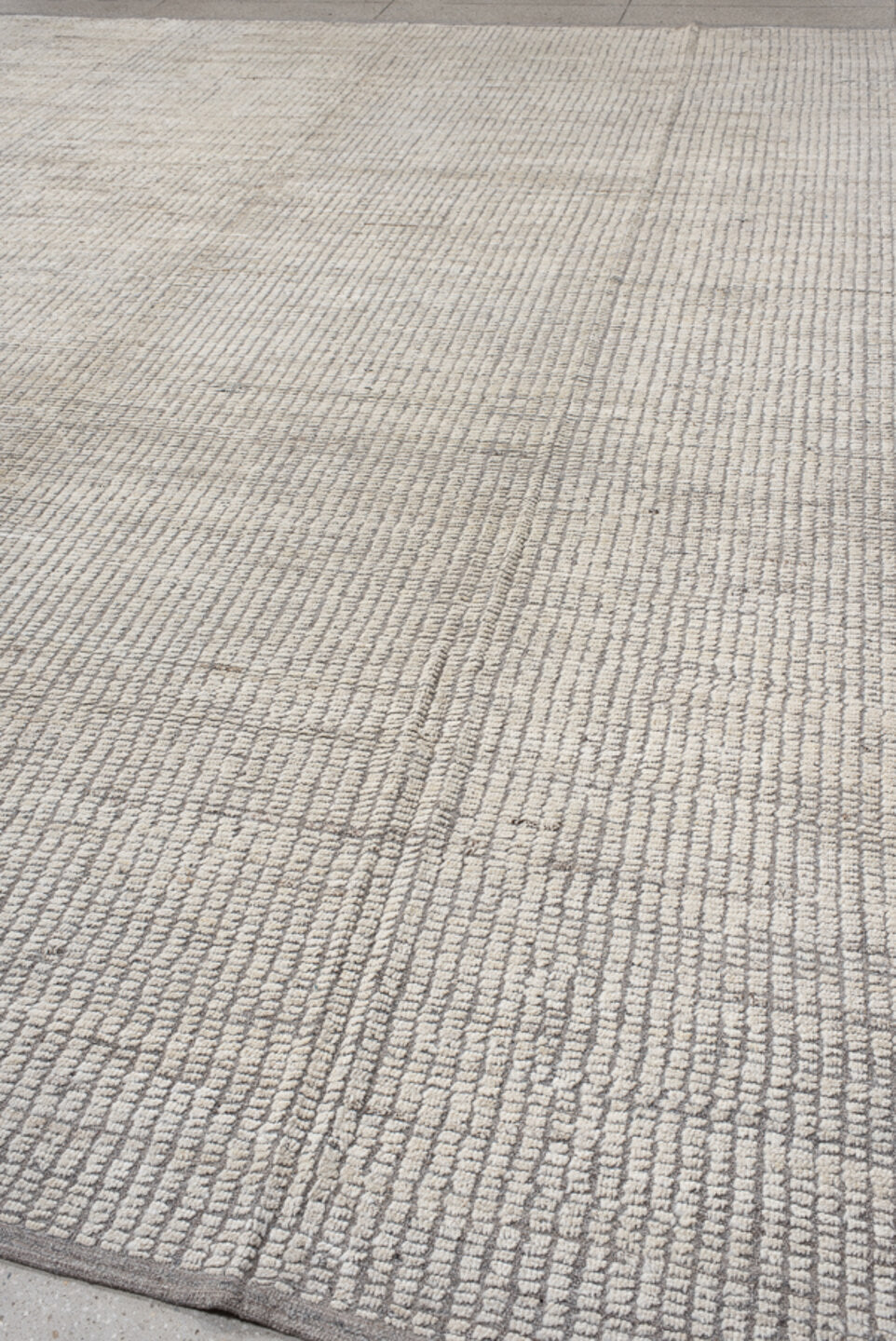 12' x 14' one-of-a-kind handmade vintage Tulu oversize rug. Color palette: ivory, taupe, gray, cream, beige