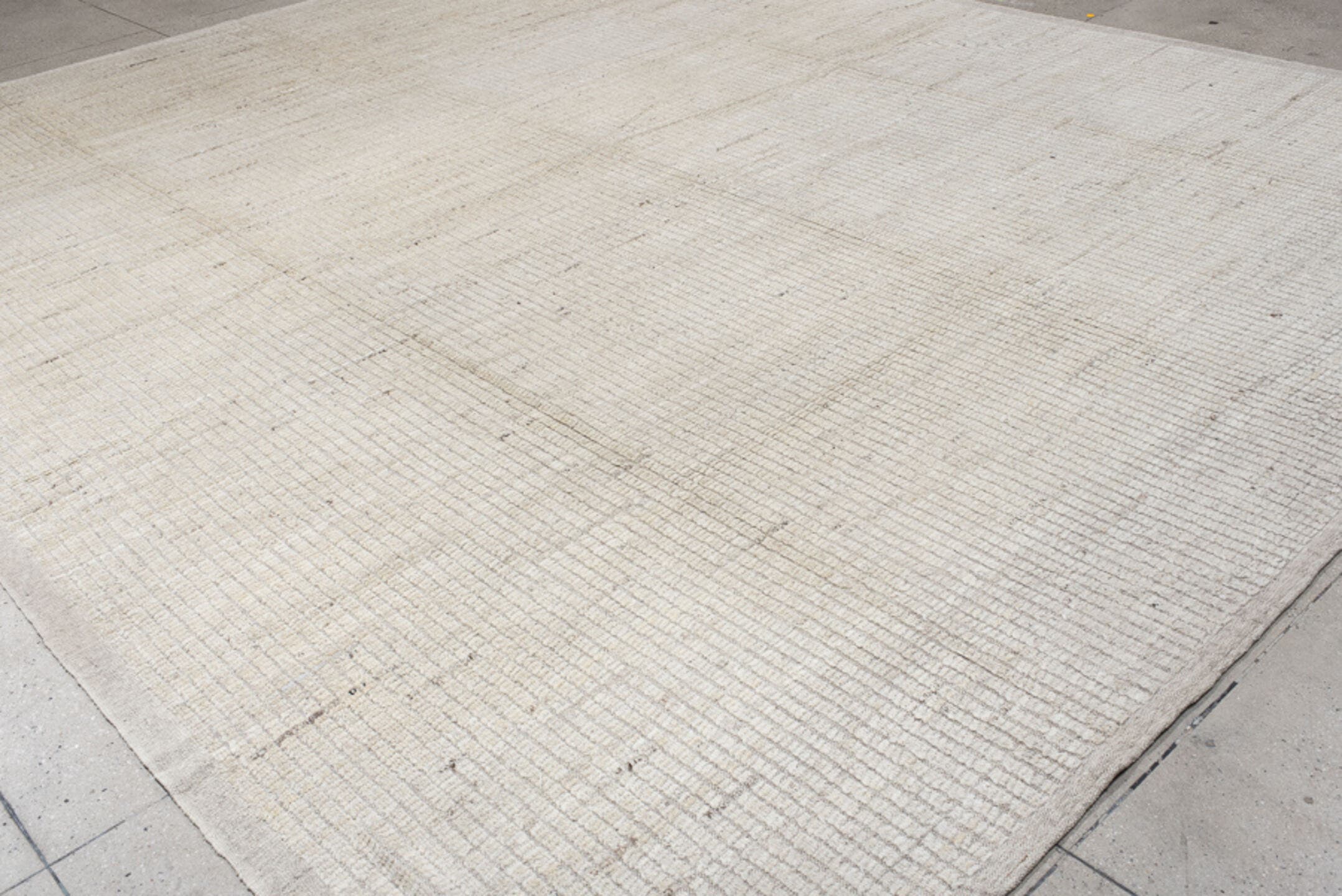 12' x 14' one-of-a-kind handmade vintage Tulu oversize rug. Color palette: ivory, cream, beige, taupe, camel, gray