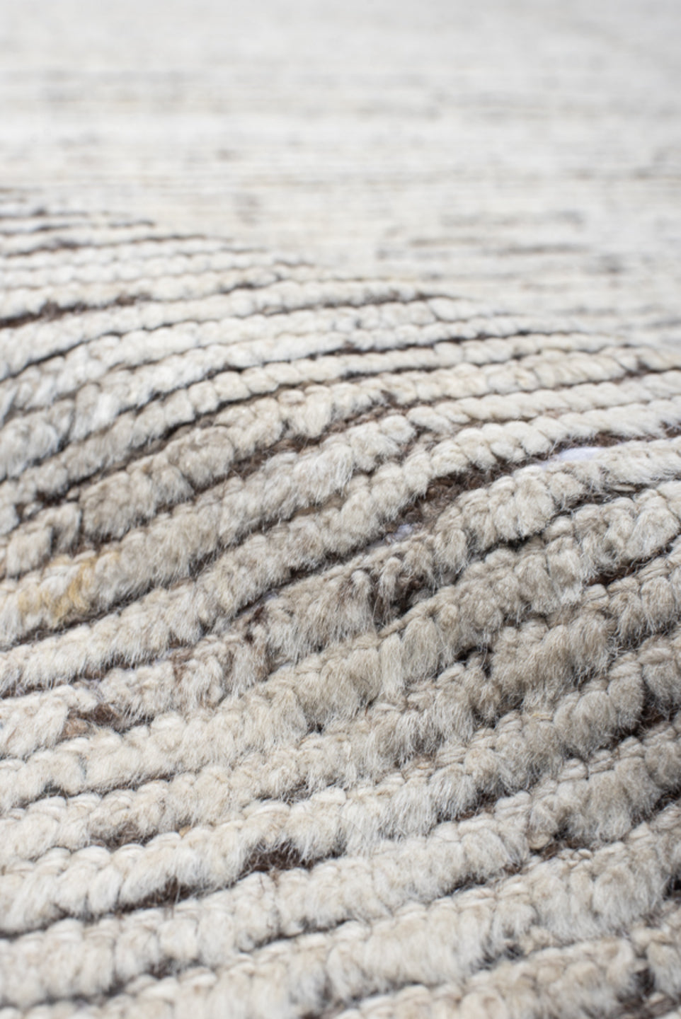 12' x 14' one-of-a-kind handmade vintage Tulu oversize rug. Color palette: ivory, charcoal, taupe, cream, gray, black, beige