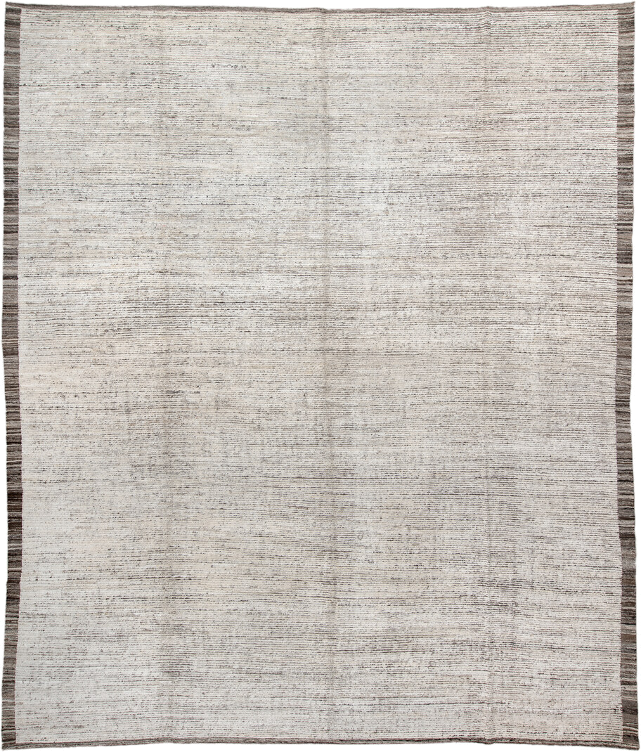 12' x 14' one-of-a-kind handmade vintage Tulu oversize rug. Color palette: ivory, taupe, brown, charcoal, beige, gray, black