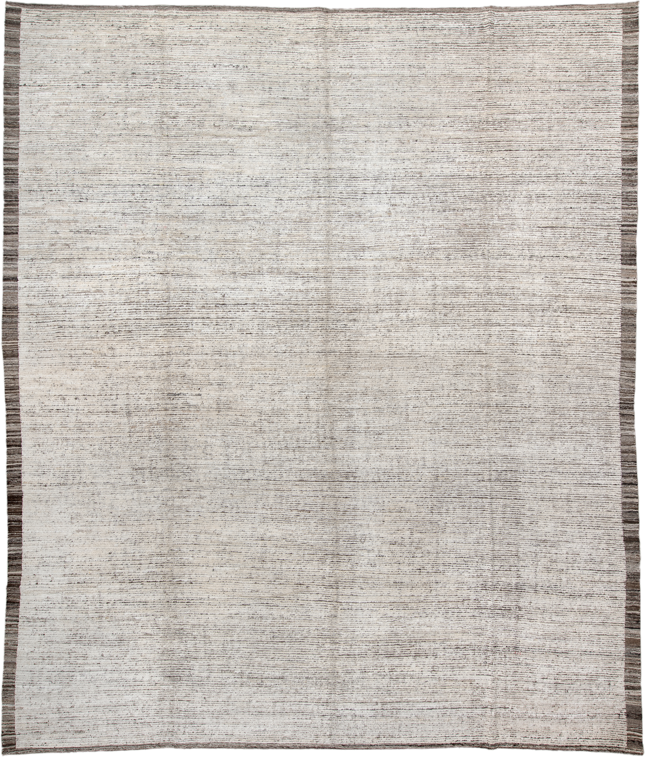 12' x 14' one-of-a-kind handmade vintage Tulu oversize rug. Color palette: ivory, taupe, brown, charcoal, beige, gray, black