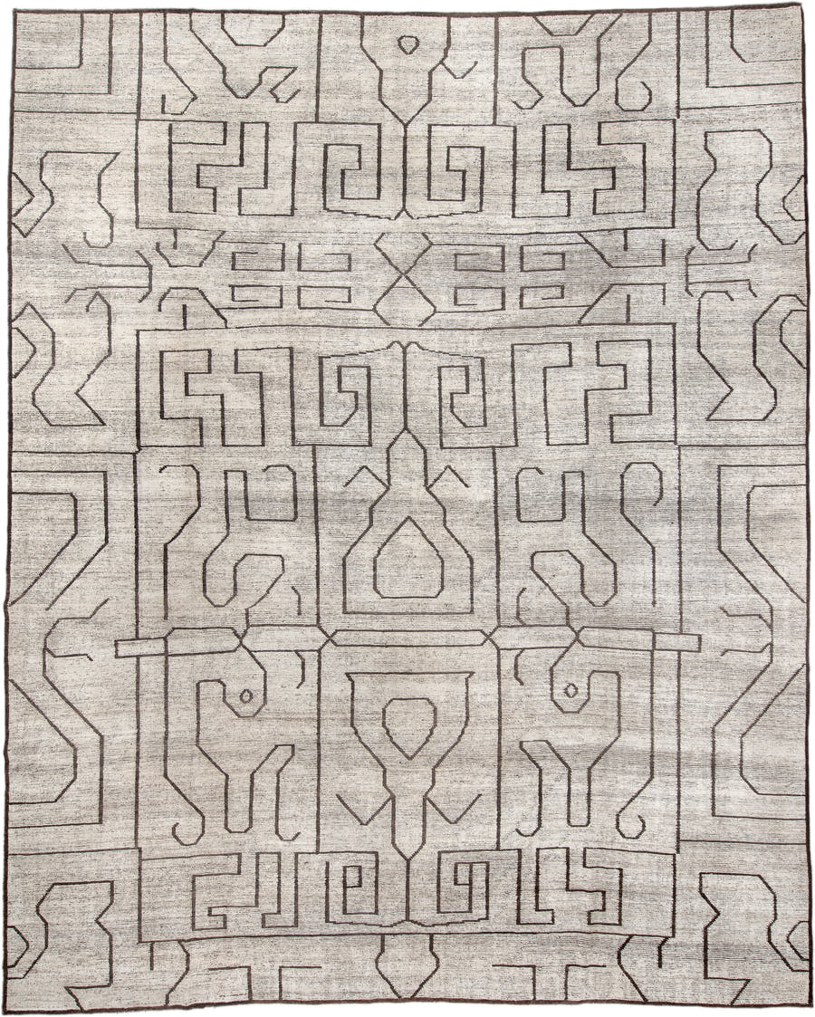 11' x 14' one-of-a-kind handmade vintage Tulu oversize rug. Color palette: ivory, brown, taupe, charcoal, beige, gray, black