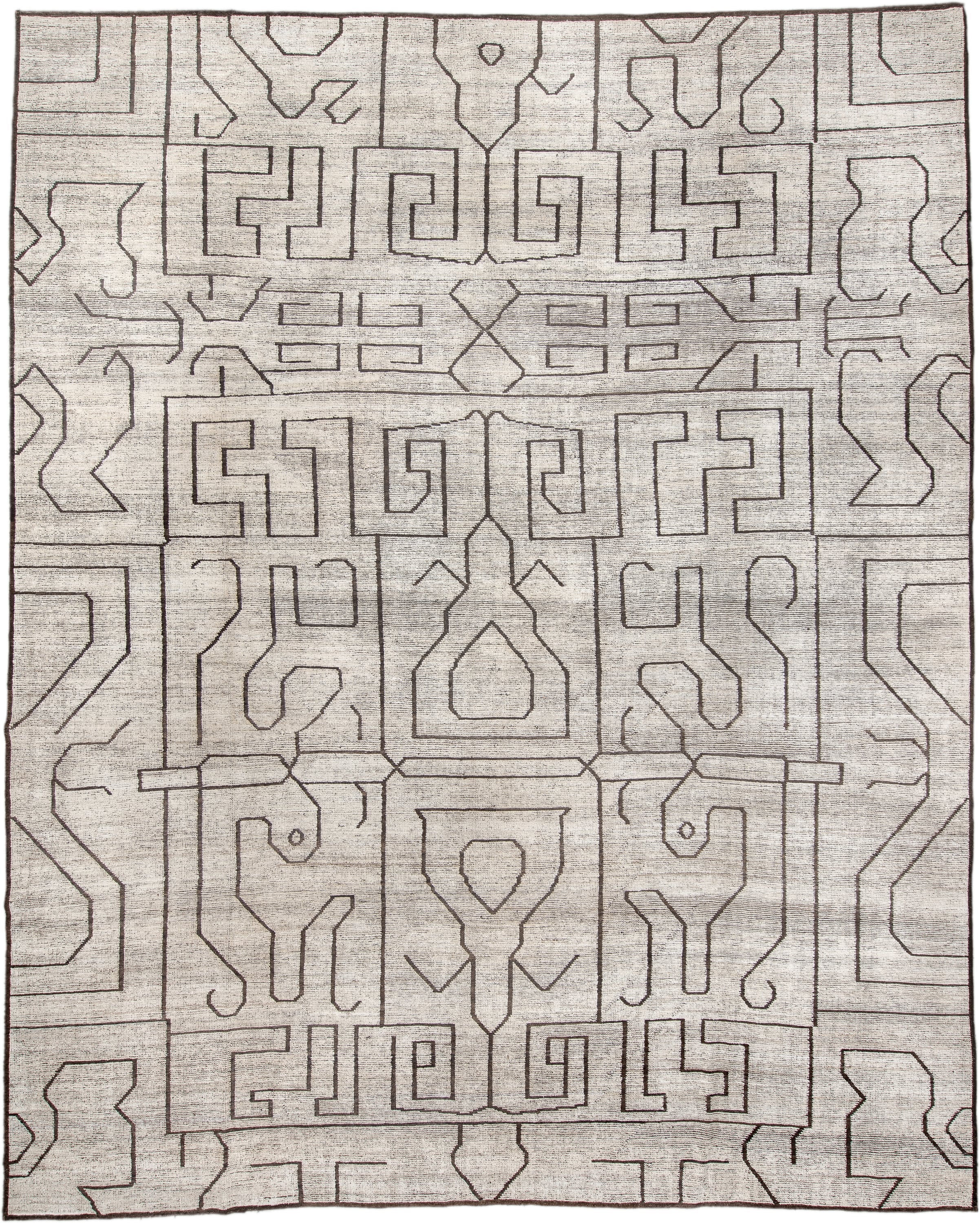 11' x 14' one-of-a-kind handmade vintage Tulu oversize rug. Color palette: ivory, brown, taupe, charcoal, beige, gray, black