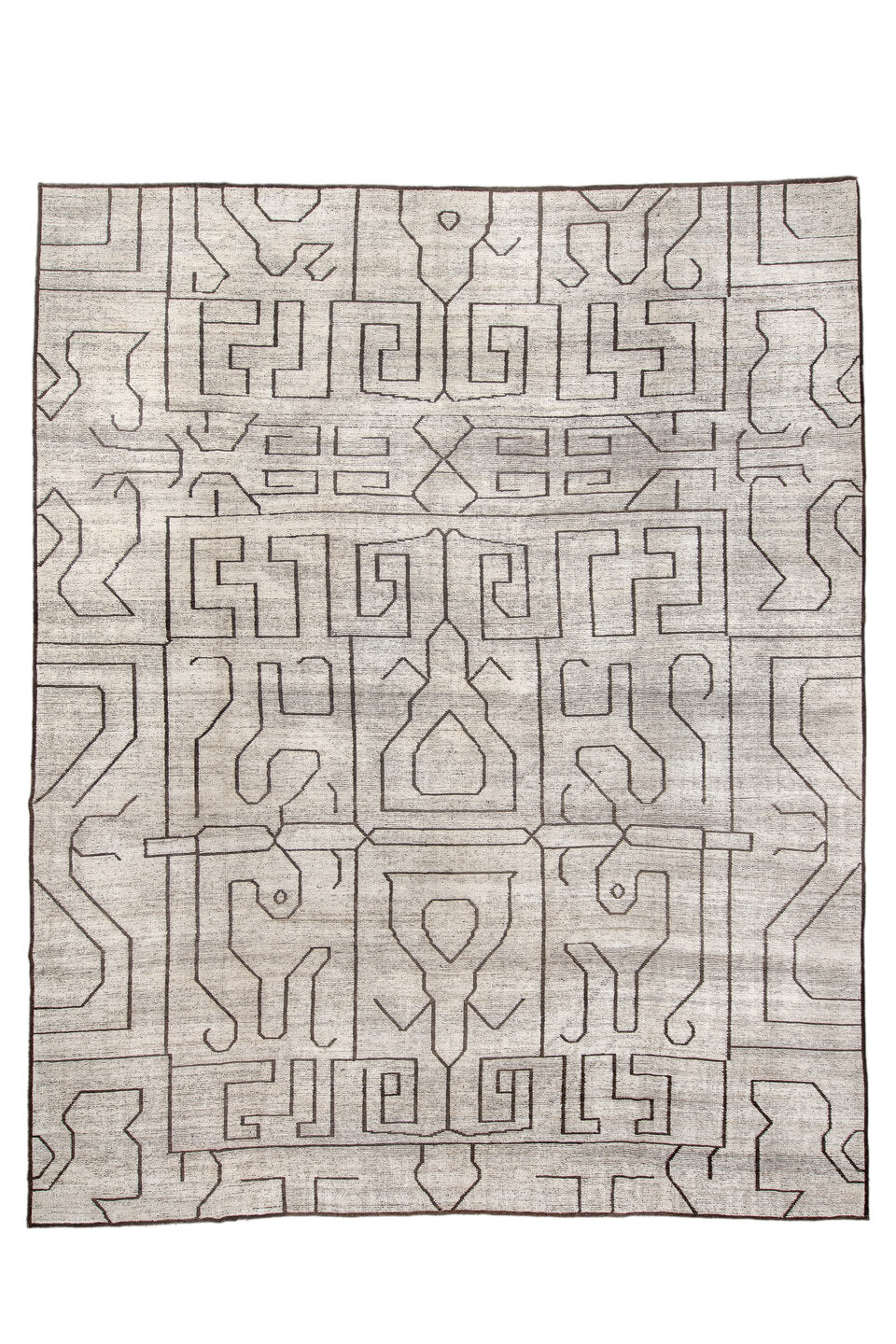 11' x 14' one-of-a-kind handmade vintage Tulu oversize rug. Color palette: dark gray, gainsboro, gray, light gray, linen