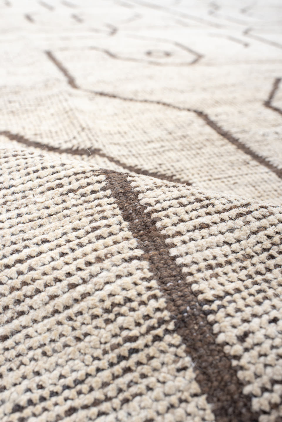 11' x 14' one-of-a-kind handmade vintage Tulu oversize rug. Color palette: ivory, brown, taupe, charcoal, beige, gray, black