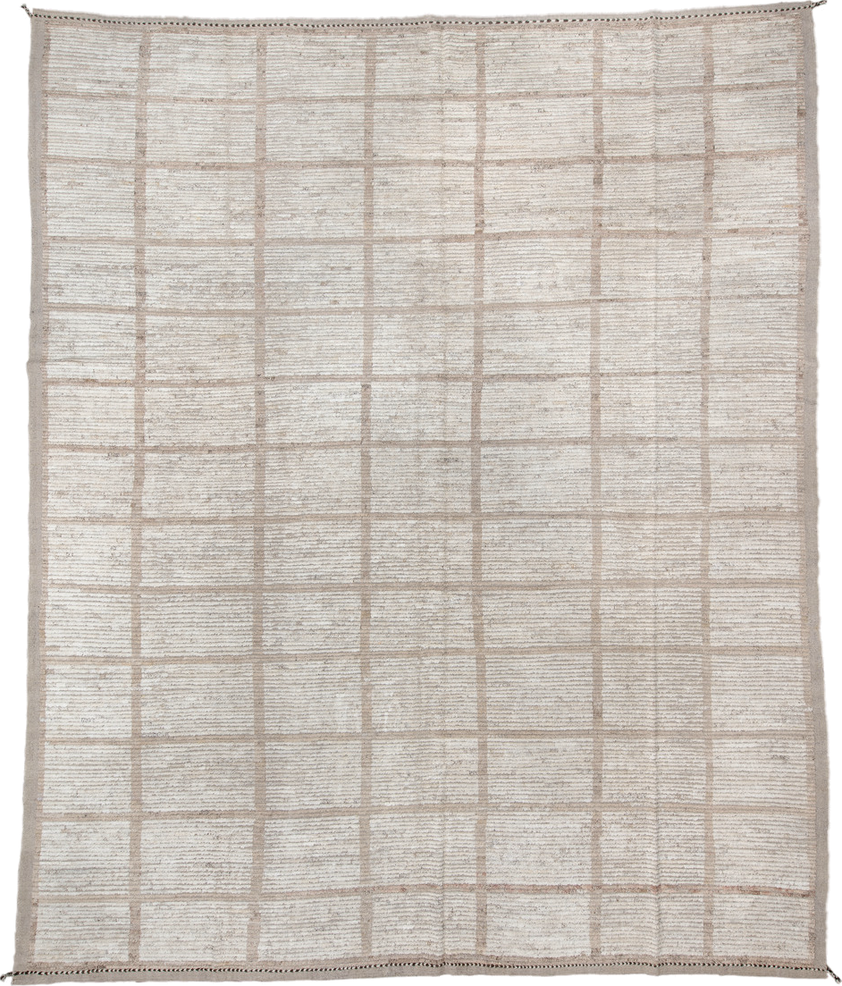 12' x 15' one-of-a-kind handmade vintage Tulu oversize rug. Color palette: ivory, taupe, cream, beige, camel, gray