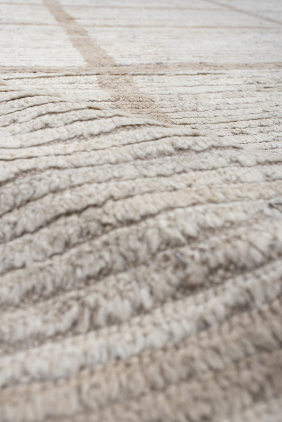 12' x 15' one-of-a-kind handmade vintage Tulu oversize rug. Color palette: ivory, taupe, cream, beige, camel, gray
