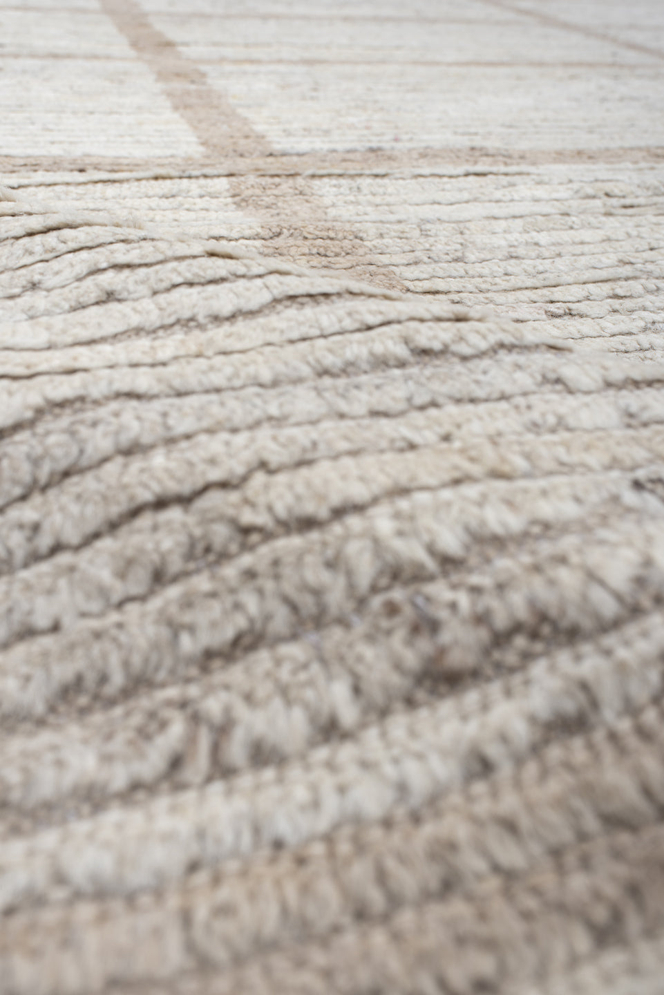 12' x 15' one-of-a-kind handmade vintage Tulu oversize rug. Color palette: ivory, taupe, cream, beige, camel, gray