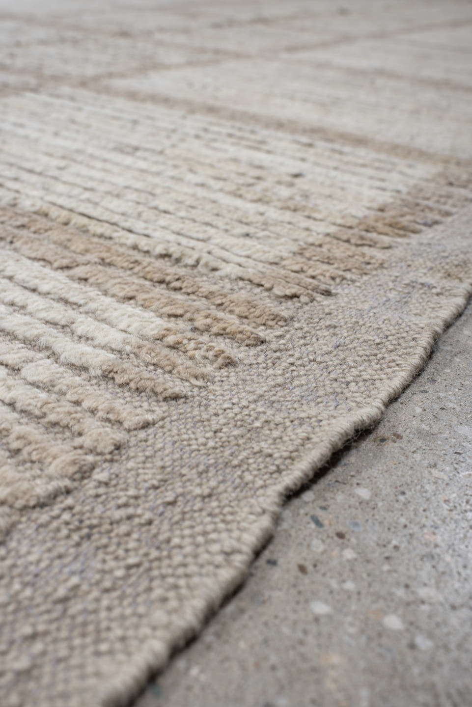 12' x 15' one-of-a-kind handmade vintage Tulu oversize rug. Color palette: ivory, taupe, cream, beige, camel, gray