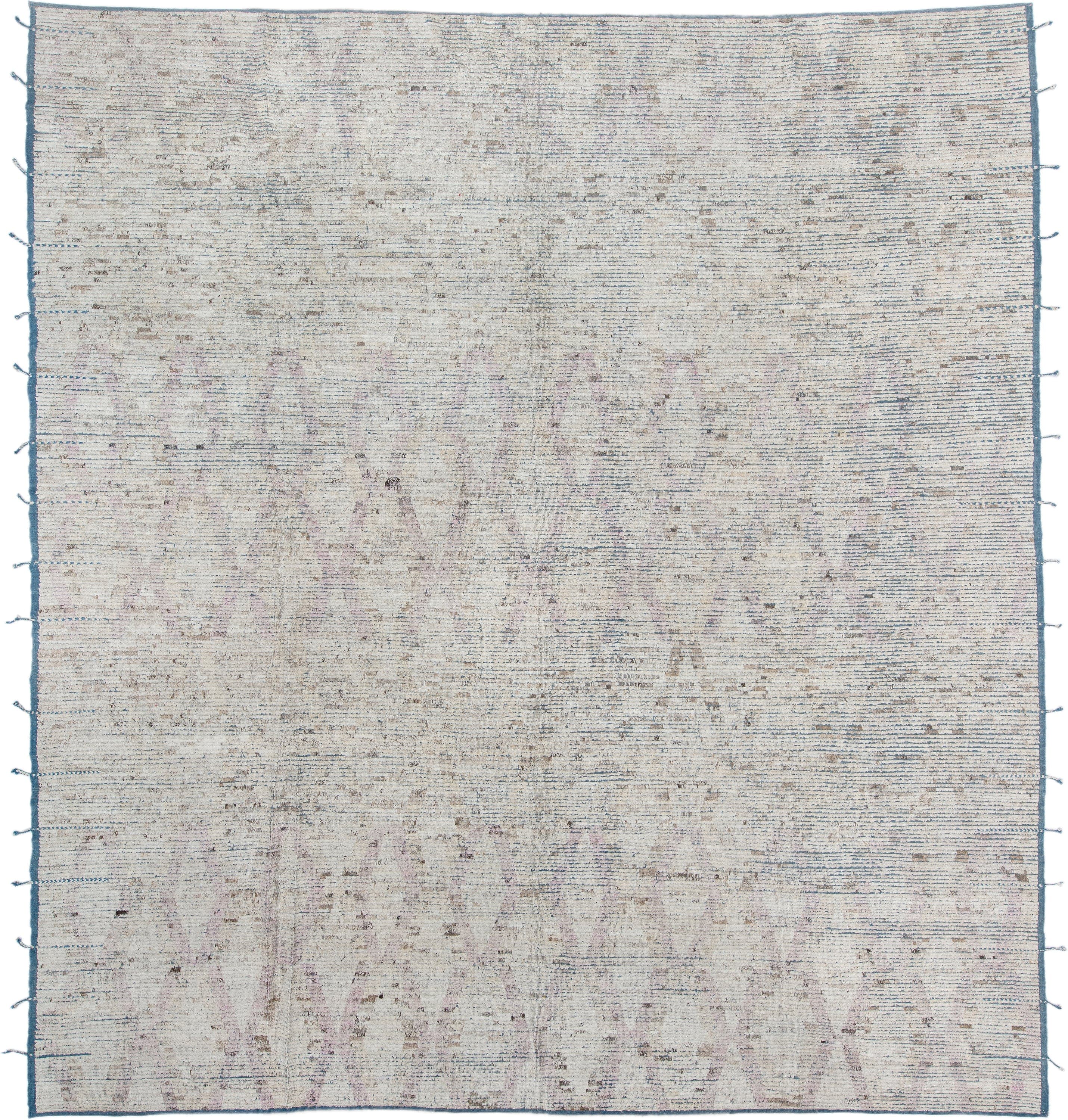 13' x 14' one-of-a-kind handmade vintage Tulu oversize rug. Color palette: ivory, slate, taupe, pale lavender, charcoal