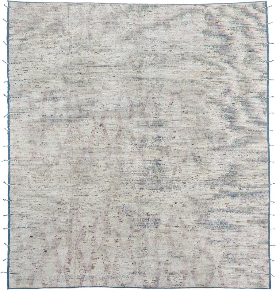 13' x 14' one-of-a-kind handmade vintage Tulu oversize rug. Color palette: ivory, slate, taupe, pale lavender, charcoal