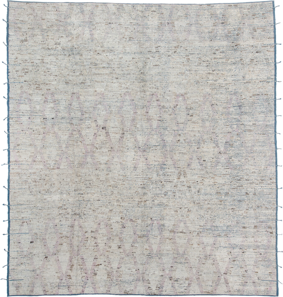 13' x 14' one-of-a-kind handmade vintage Tulu oversize rug. Color palette: ivory, slate, taupe, pale lavender, charcoal