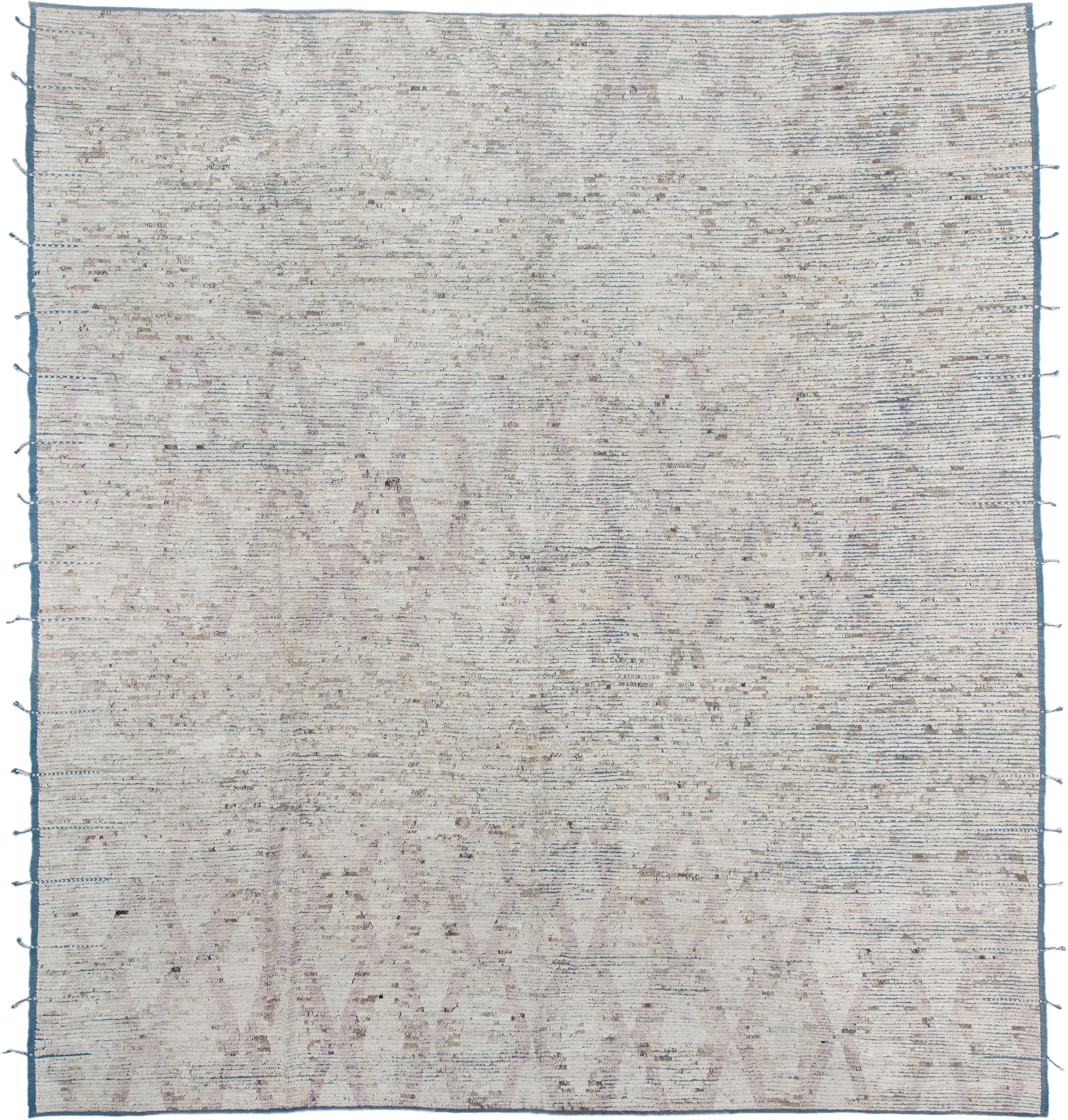 13' x 14' one-of-a-kind handmade vintage Tulu oversize rug. Color palette: ivory, slate, taupe, pale lavender, charcoal