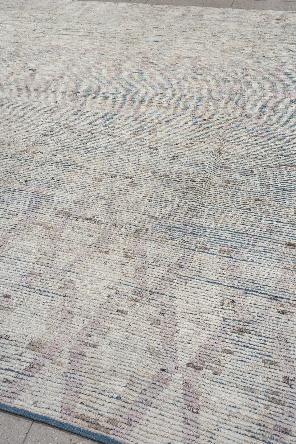 13' x 14' one-of-a-kind handmade vintage Tulu oversize rug. Color palette: ivory, slate, taupe, pale lavender, charcoal
